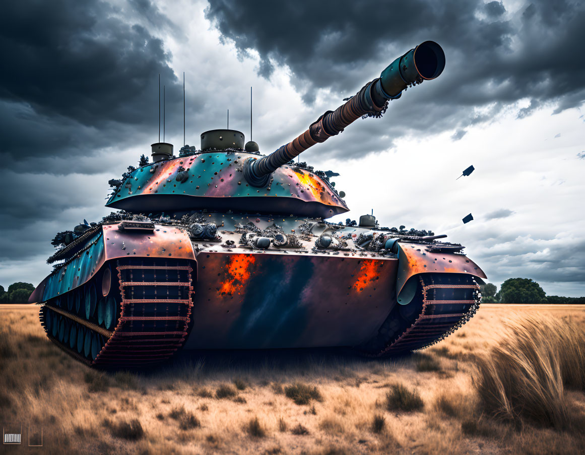 Colorful tank with large cannon in field under cloudy sky and flying debris.