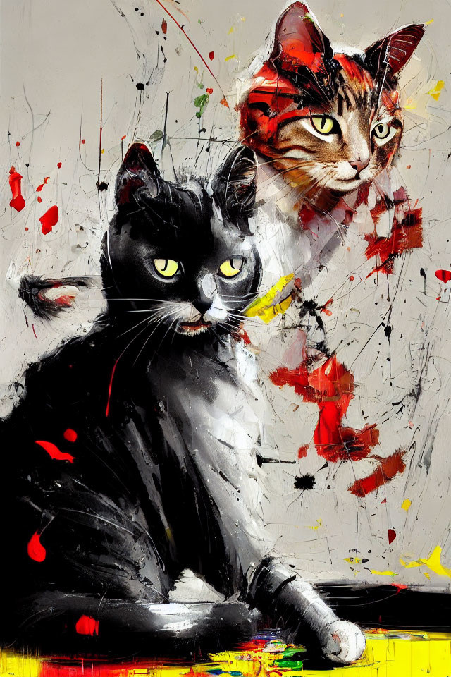 Colorful Modern Art: Black Cat with Yellow Eyes and Tabby Cat with Red Overlay