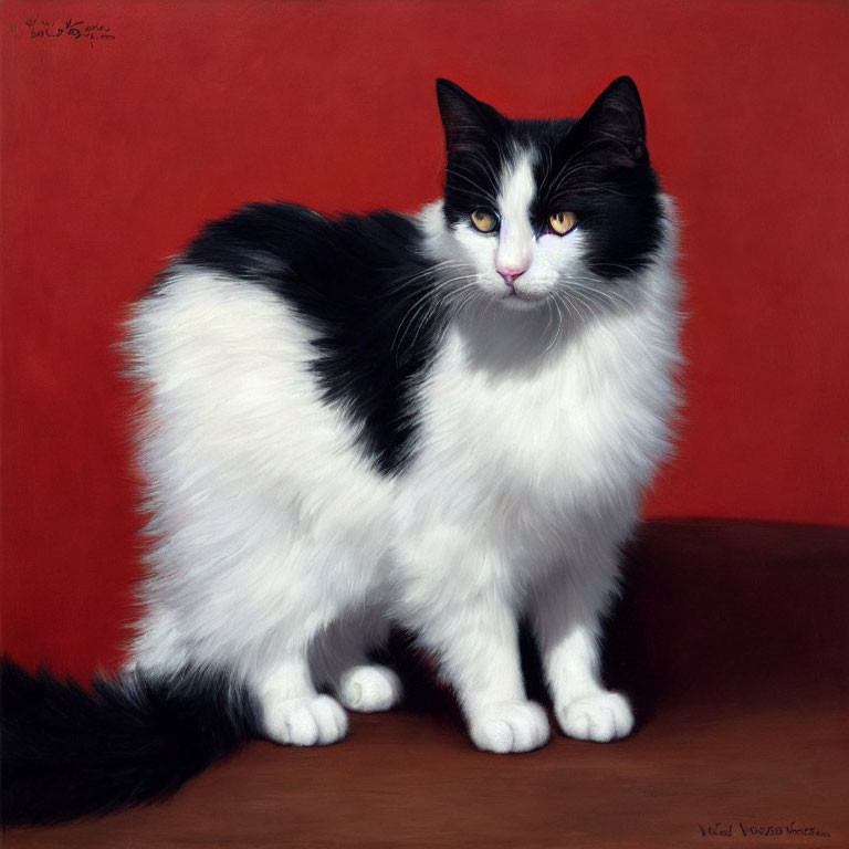 Black and White Cat with Yellow Eyes Sitting on Maroon Surface