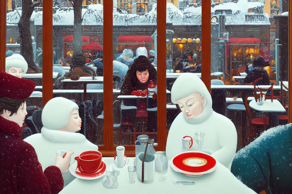 Patrons dining in cozy cafe with snowy street view and person peering through window