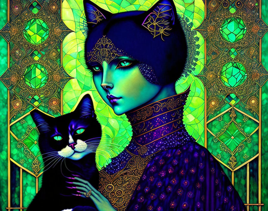 Colorful artwork of woman and cat in blue hues on green stained-glass background