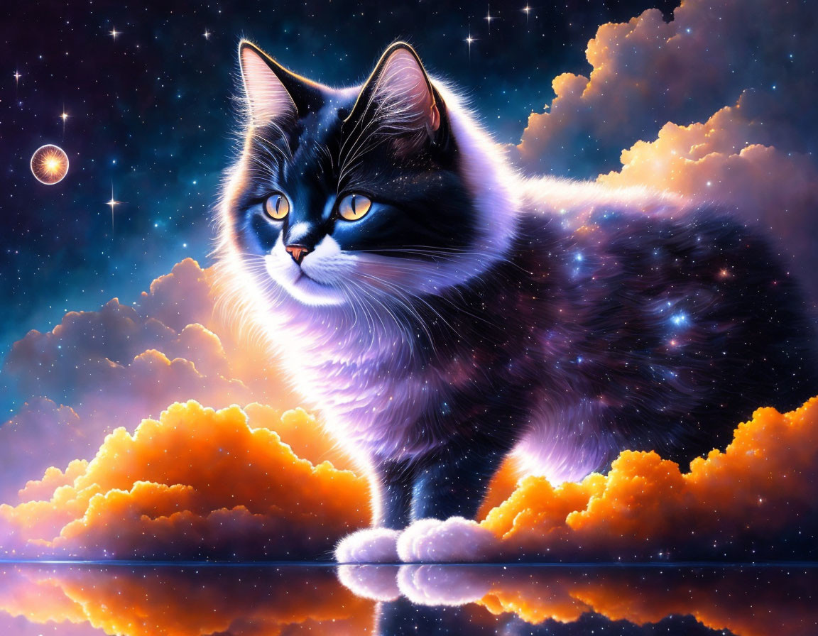 Cat with Cosmic Night Sky Fur Pattern on Clouds Reflecting Space