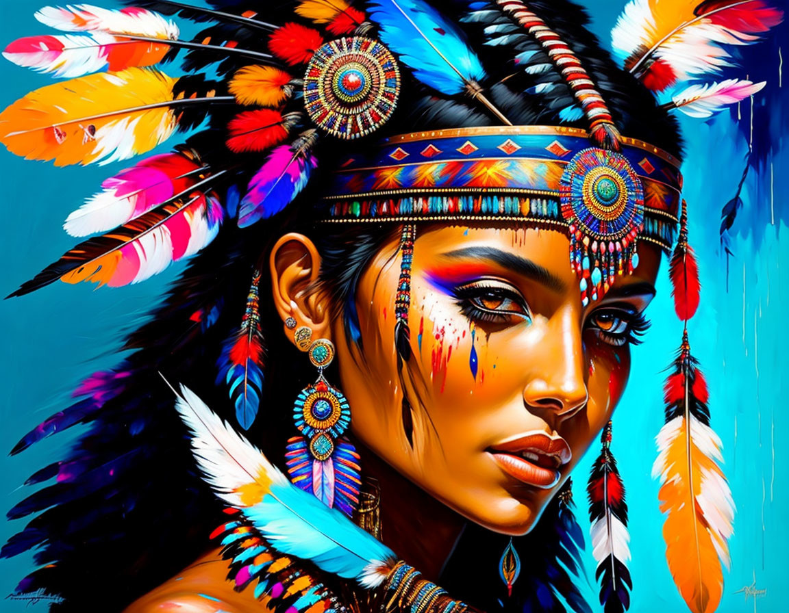 Colorful Artistic Portrait of Woman with Feather Headdress