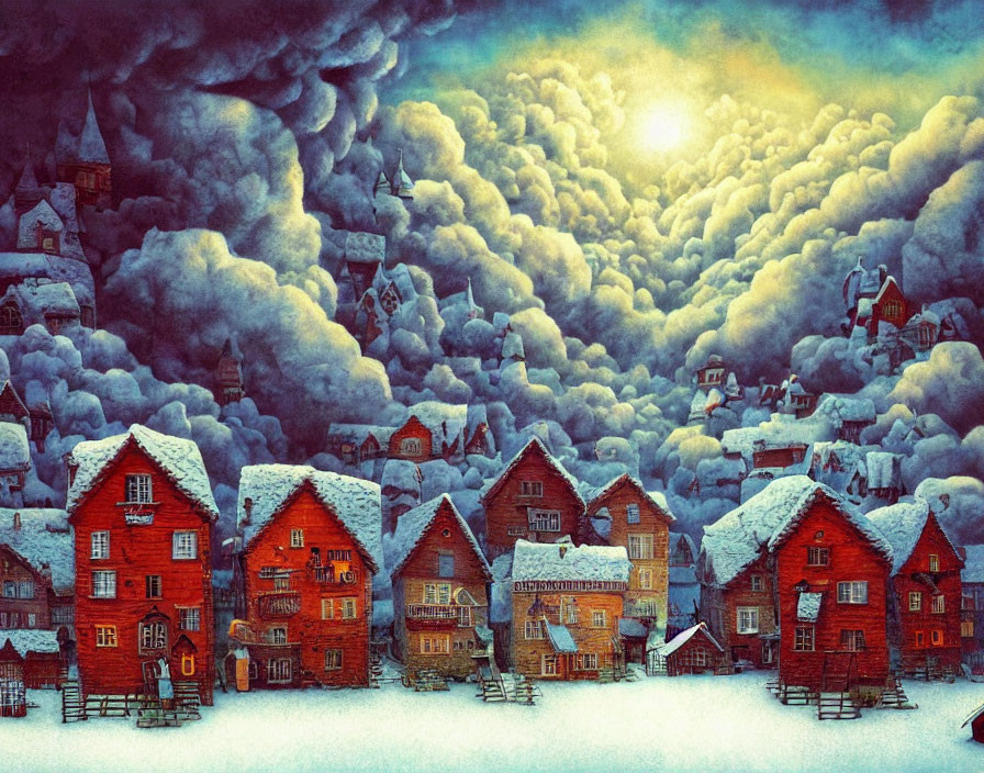 Snowy Village with Colorful Houses under Dramatic Sky