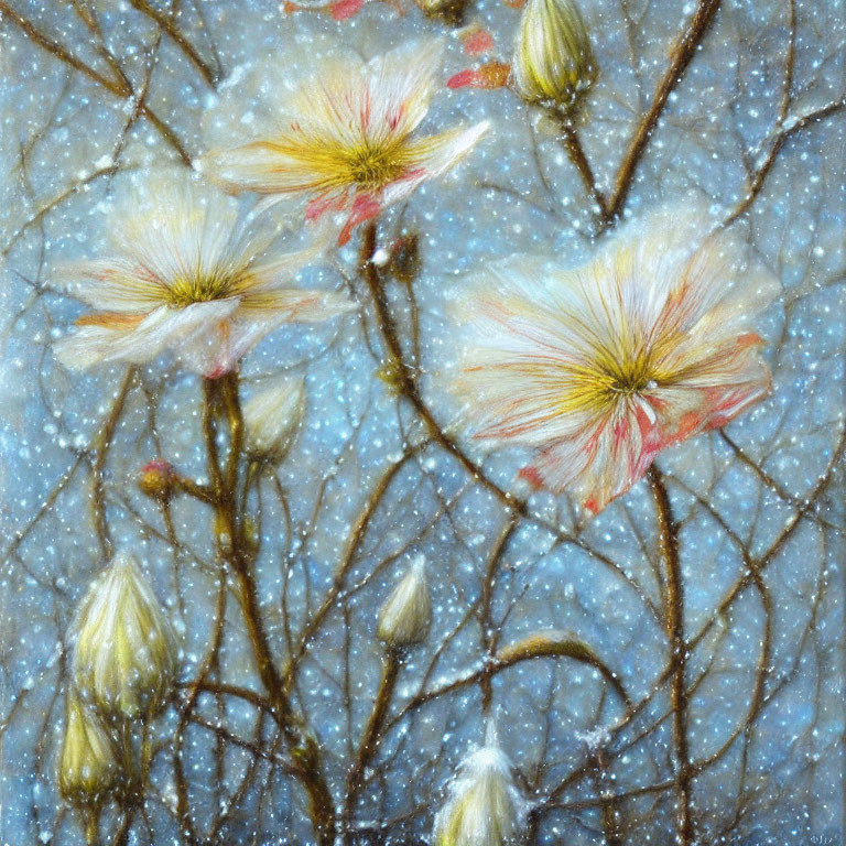 Delicate White Flowers with Red Specks on Intertwining Branches and Starry Sky