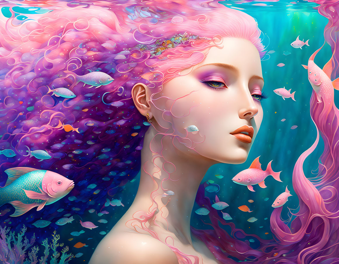 Ethereal underwater portrait of female figure with pink hair, colorful fish, and bubbles