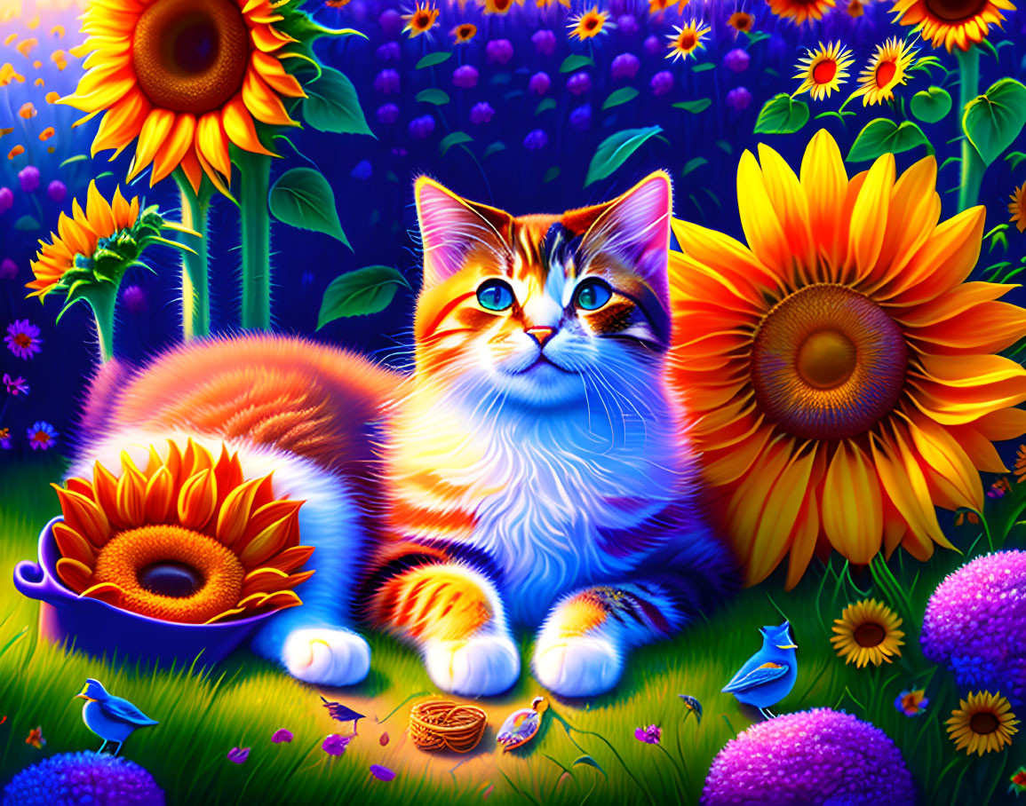 Colorful garden scene with orange and white cat, sunflowers, birds, and butterflies