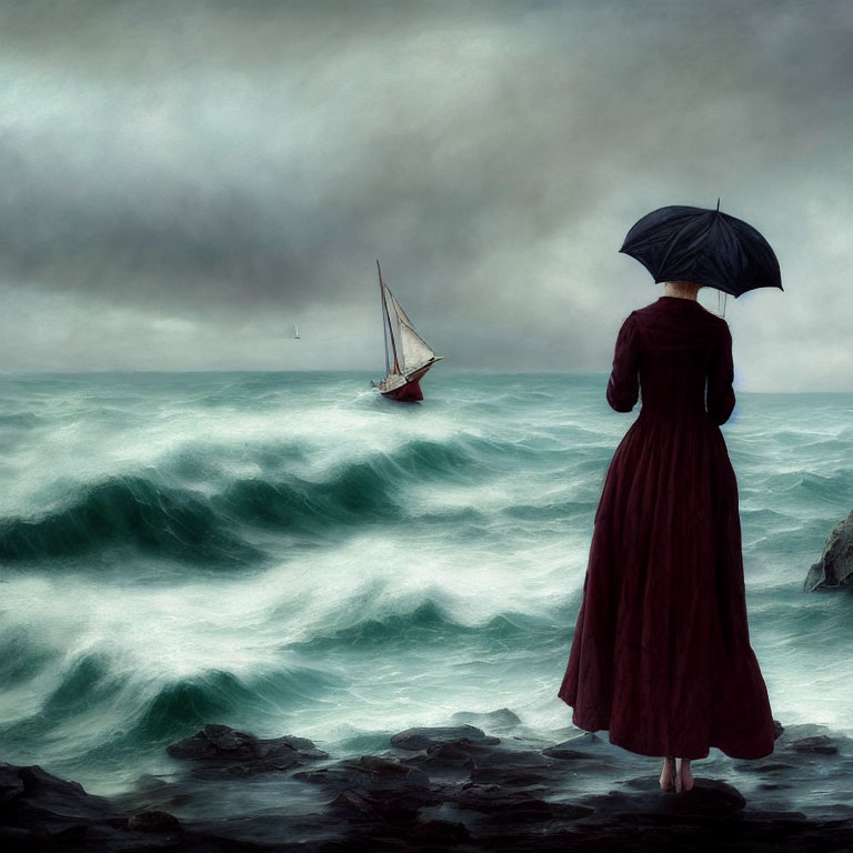 Person in red dress with umbrella on rocky shore gazes at choppy seas with sailboat.