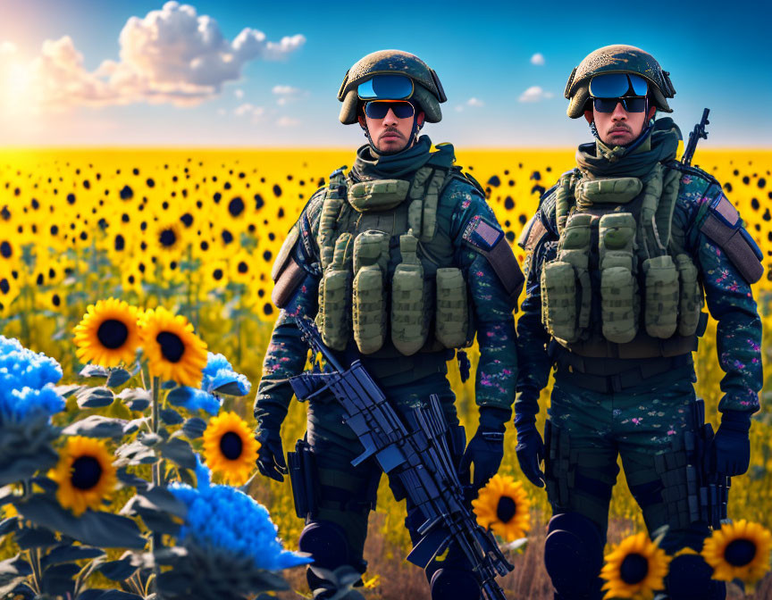 Soldiers in combat gear in sunflower field with rifles.