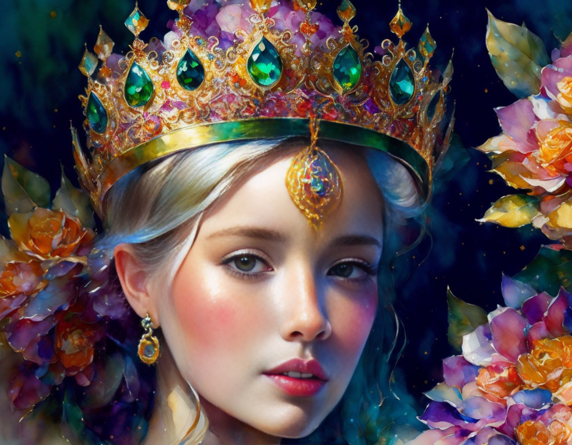 Woman portrait with jeweled golden crown and vibrant flowers