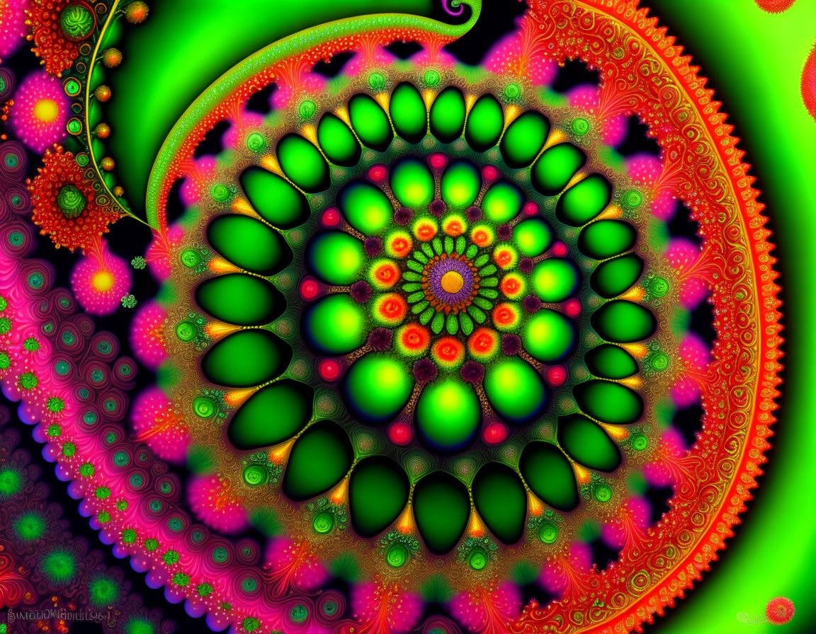 Colorful Circular Fractal Art with Green Spiral and Red-Orange Designs