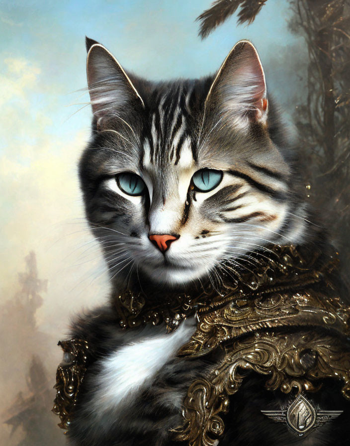 Blue-eyed cat in grey striped coat with golden-trimmed black military jacket