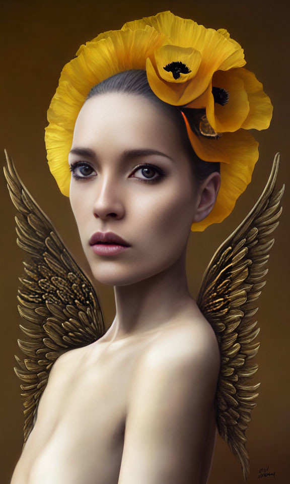 Person adorned with golden wings, large yellow flower, and unique eye features