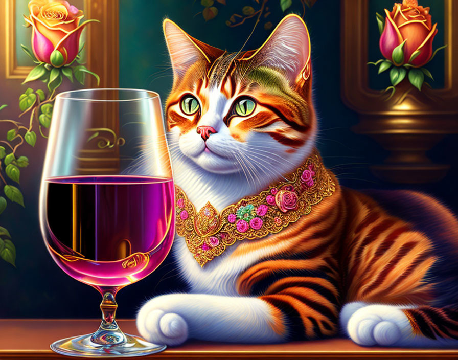 Regal cat with jewelry beside red wine and roses illustration