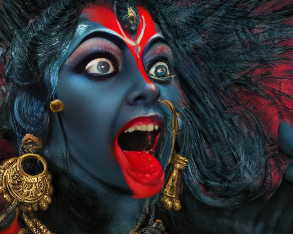 Person with blue face paint styled as Hindu goddess Kali, adorned with gold jewelry