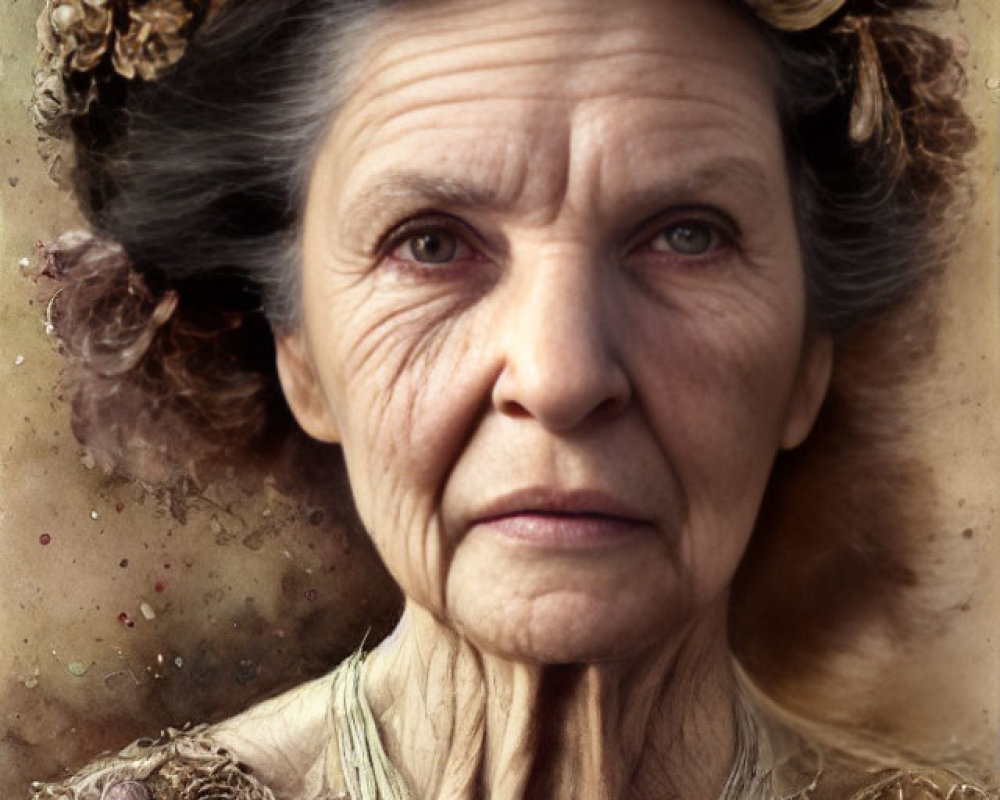 Elderly woman in floral crown and vintage dress gazes at camera on textured backdrop