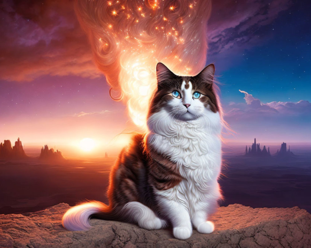 Majestic long-haired cat with blue eyes under orange and purple sky