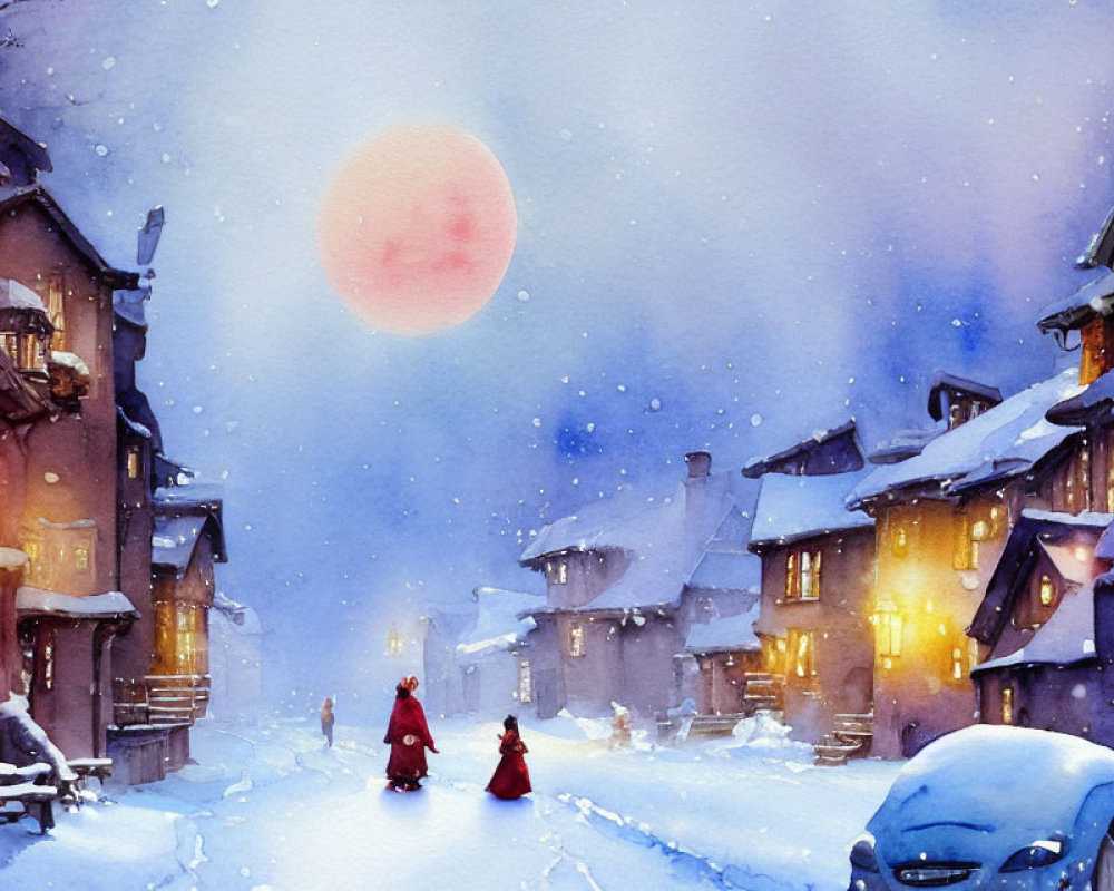 Snowy Twilight Street Watercolor Painting with Pink Moon and Figures