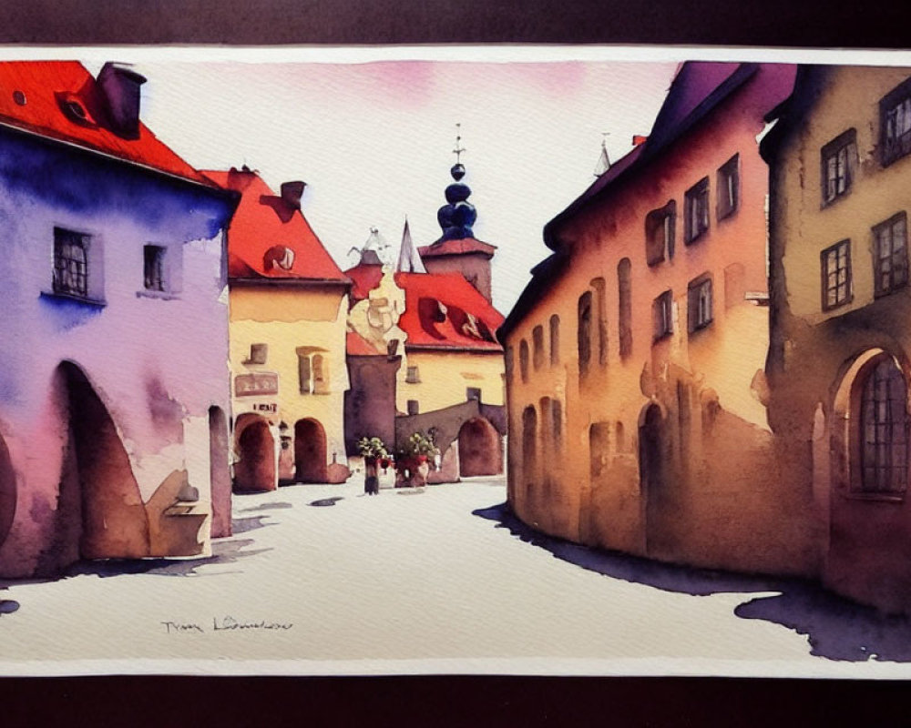 European Street Watercolor Painting with Vibrant Buildings