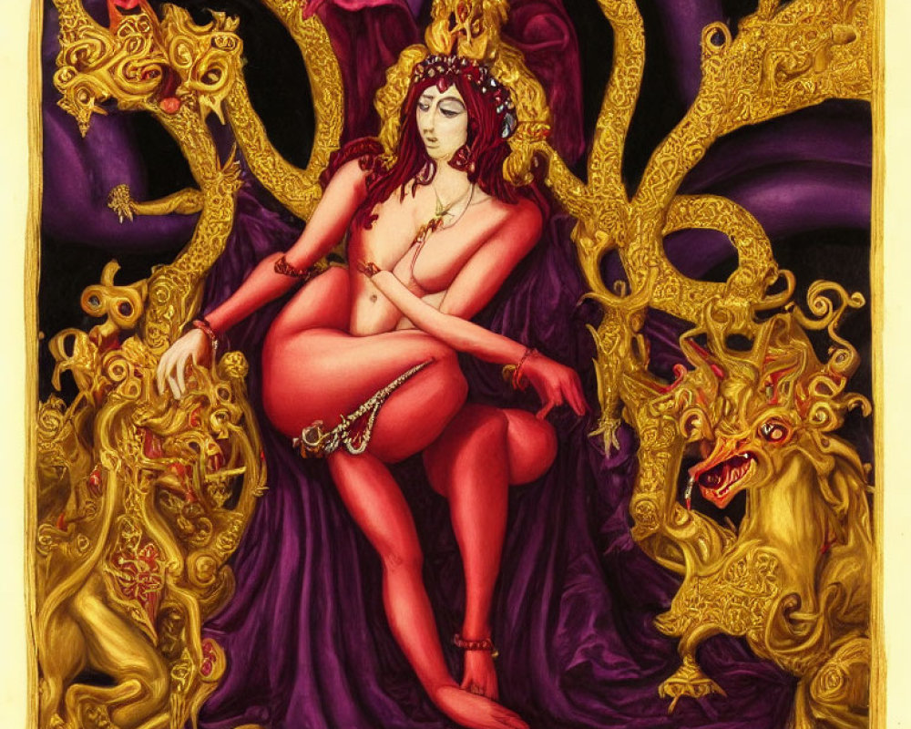 Regal Figure in Purple Robes on Golden Throne with Snarling Creatures