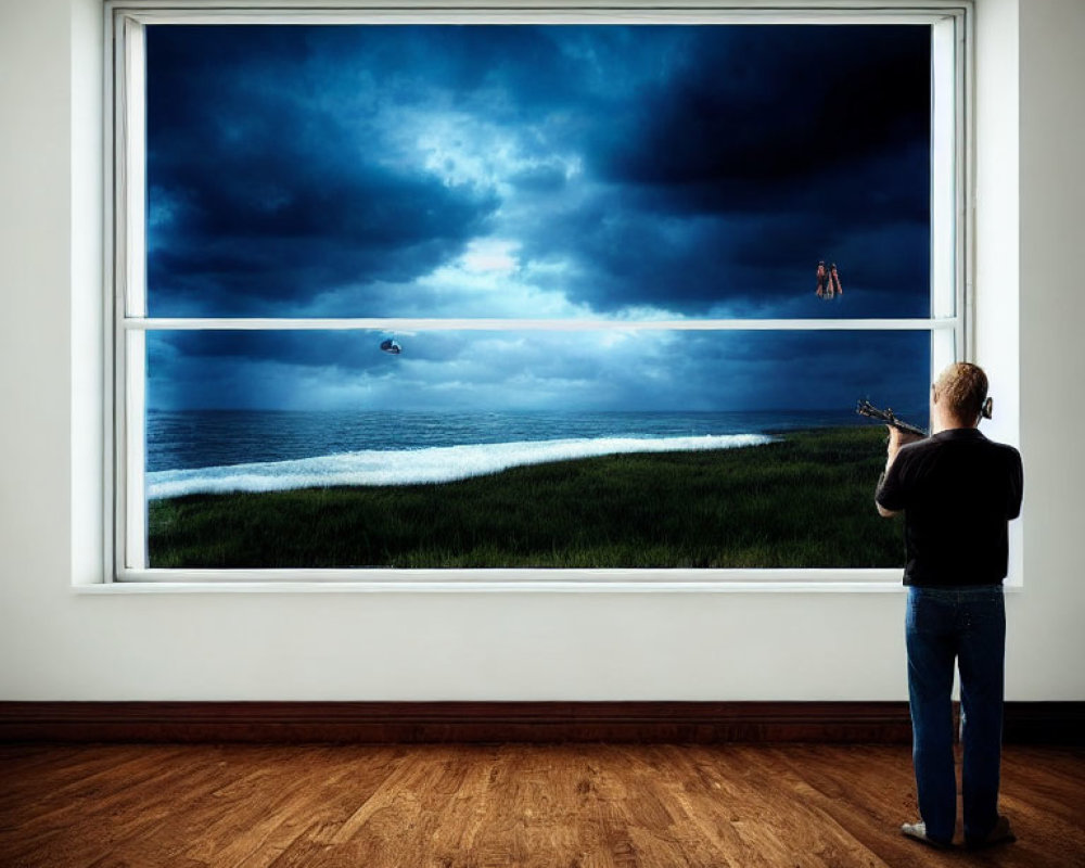 Indoor scene with person pointing device at dramatic seascape