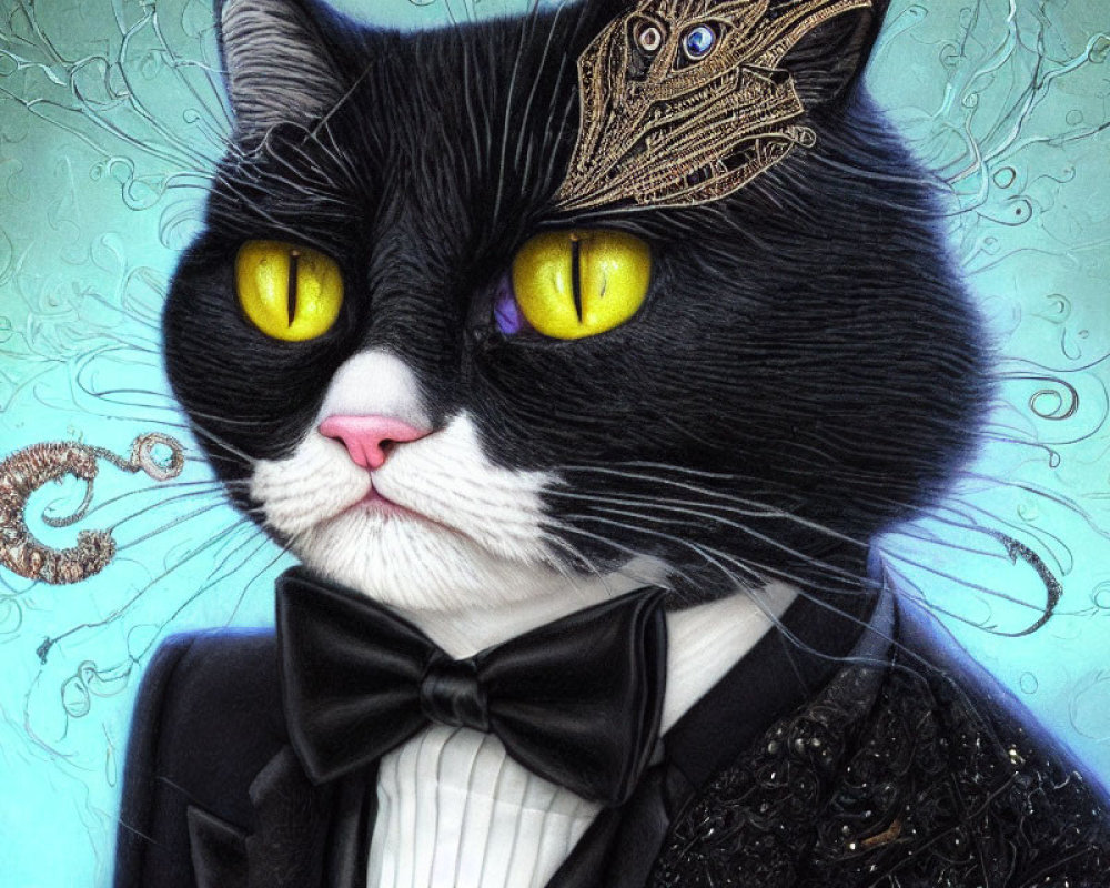 Detailed illustration of dignified black and white cat in bow tie and monocle