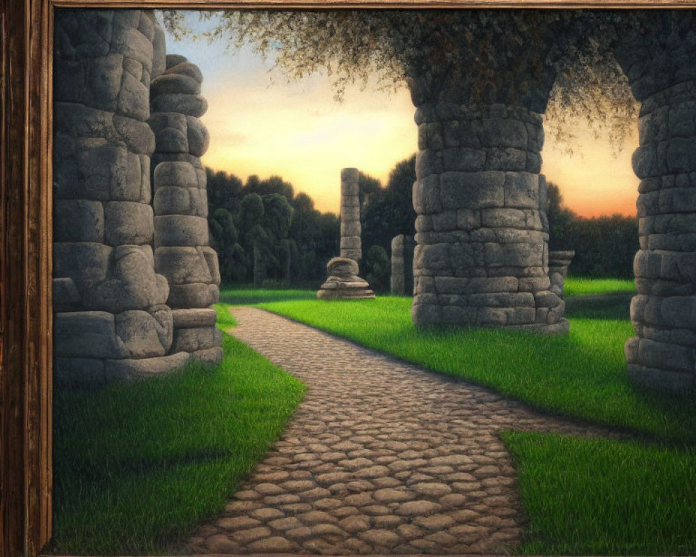 Tranquil landscape painting of cobblestone path through ruins to forest at sunset