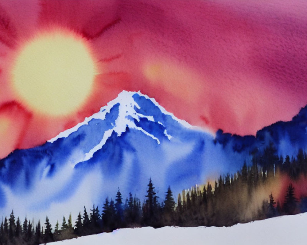 Vibrant sunrise watercolor: snow-capped mountain & evergreen forest.