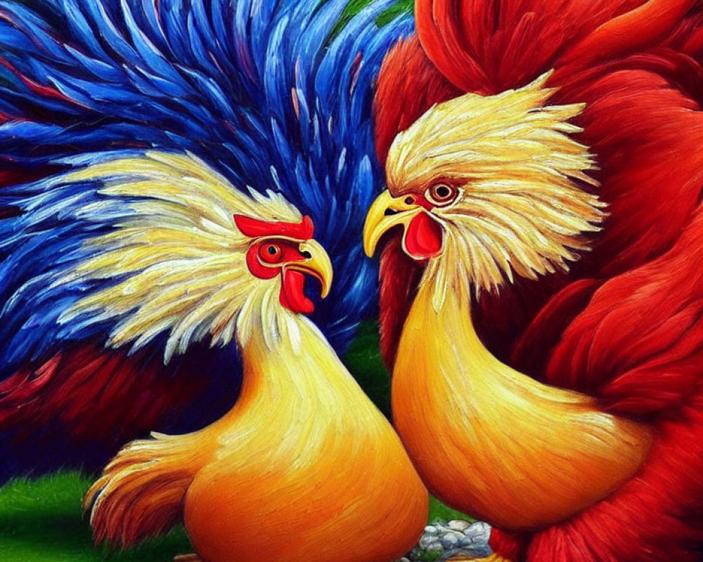 Colorful Roosters with Blue and Red Feathers Facing Off