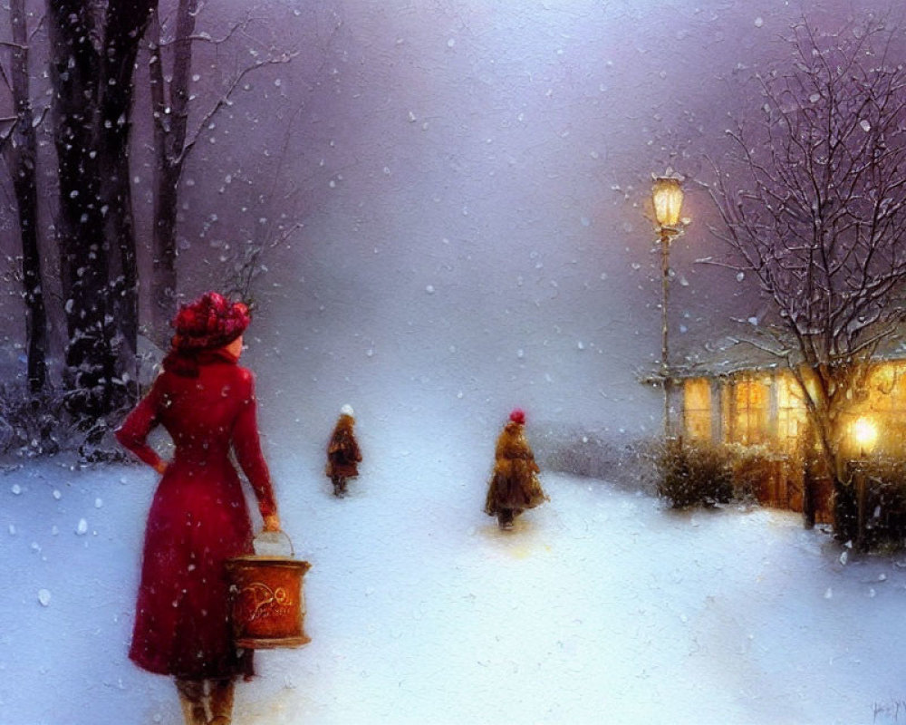 Woman in red dress walking towards warmly lit cottage in snowy landscape with children and street lamps.