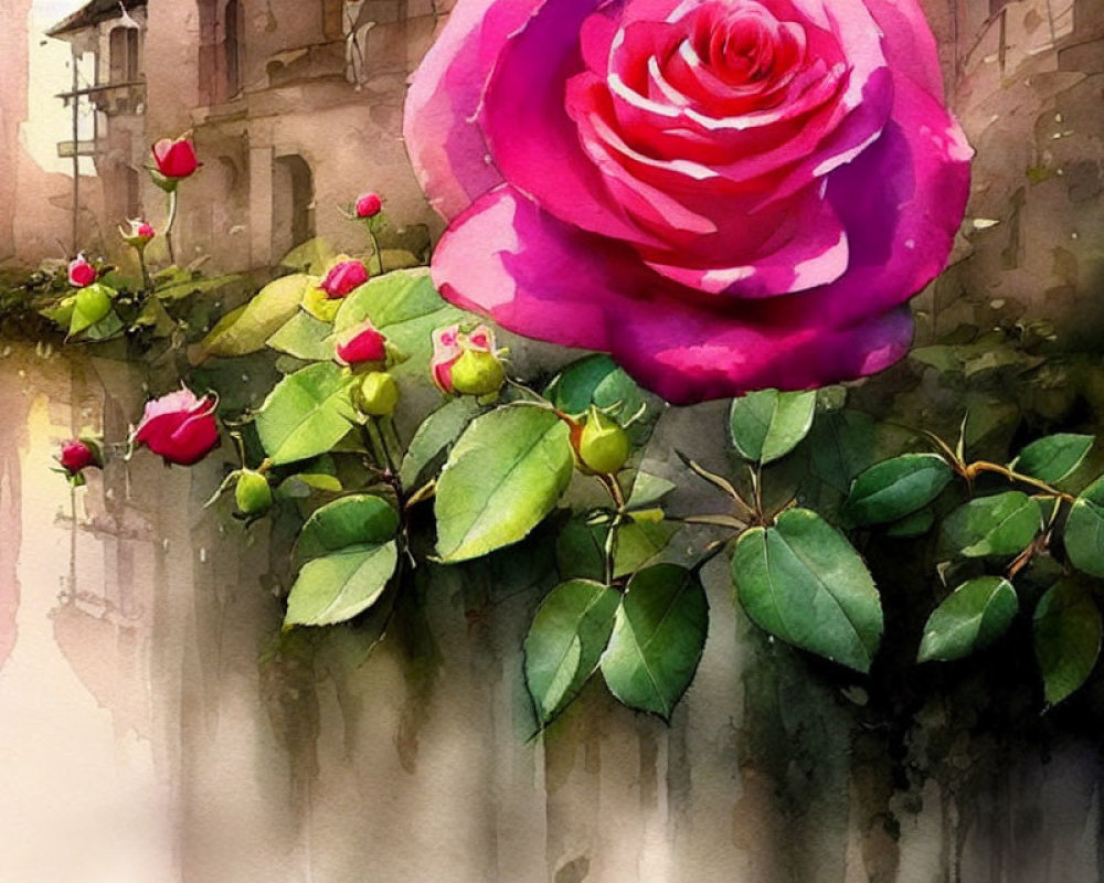 Vivid watercolor painting of blooming pink rose on old building backdrop