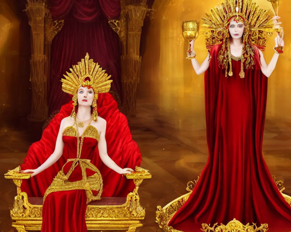 Two women in red gowns with golden crowns in ornate room.