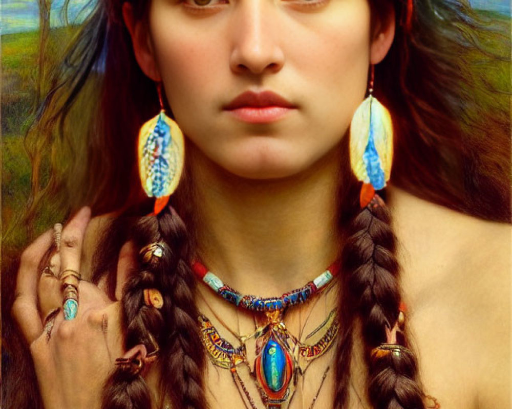 Portrait of young woman with braided hair and beaded accessories against vibrant landscape