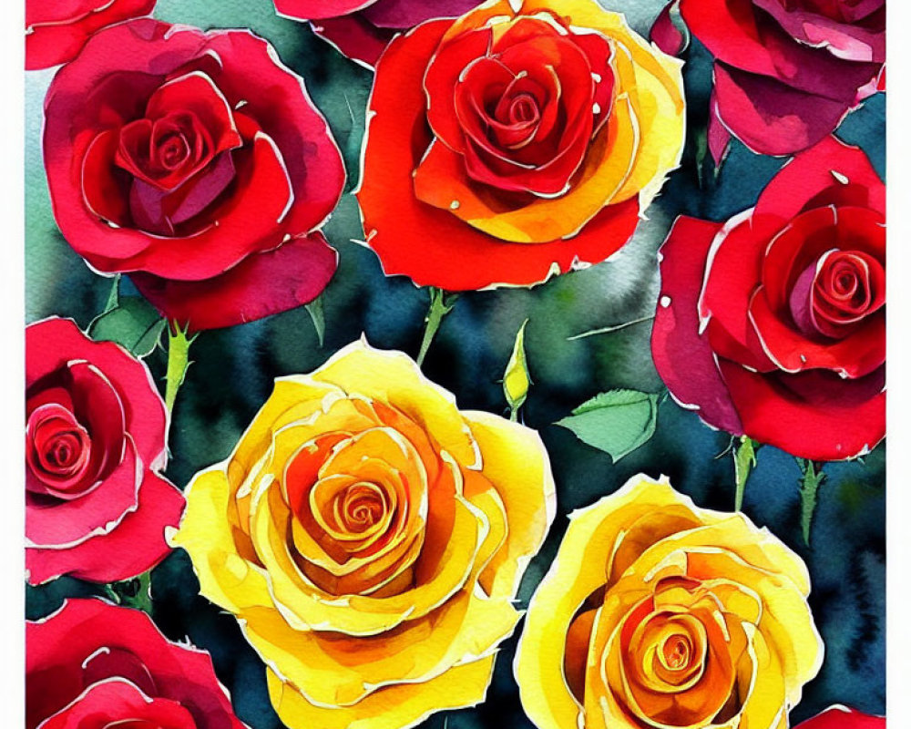 Colorful watercolor painting of red and yellow roses on textured background