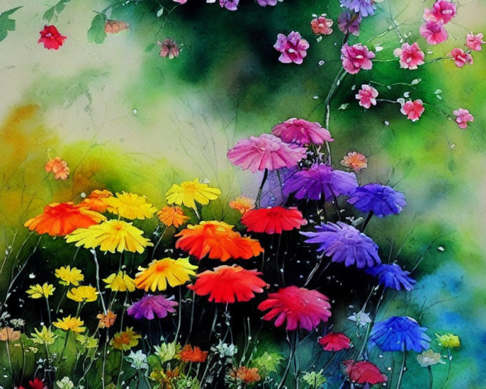 Colorful Watercolor Painting of Vibrant Flowers in Dreamy Garden