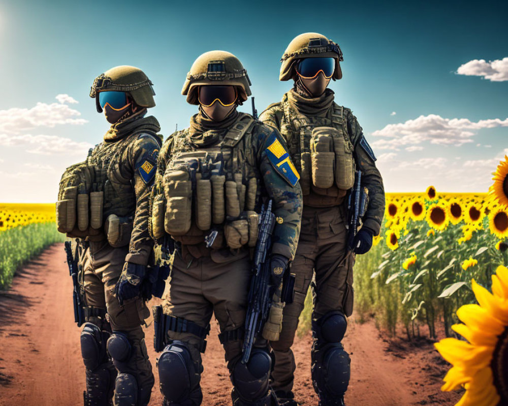 Swedish flag-patched soldiers in combat gear in sunflower field