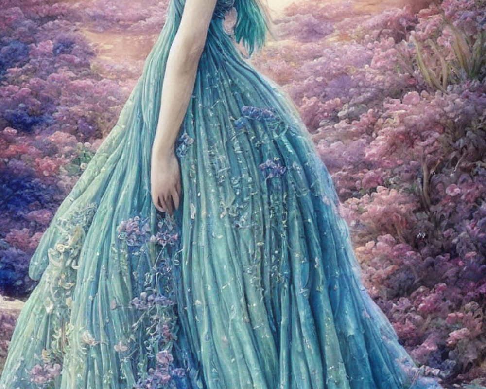 Woman in Blue Floral Gown Stands by Misty River