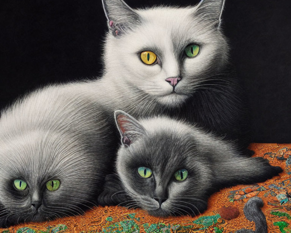 Three Cats with Vivid Green Eyes on White and Grey Backgrounds with Orange Textile