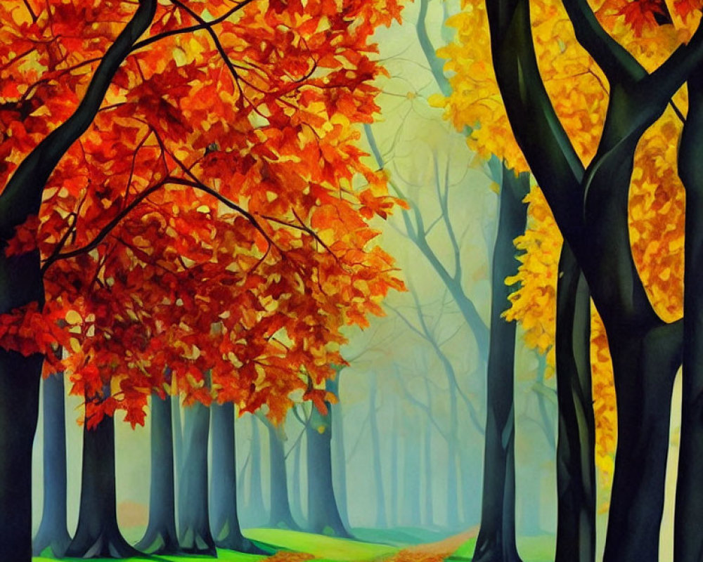 Tranquil forest pathway with vibrant autumn trees and orange leaves