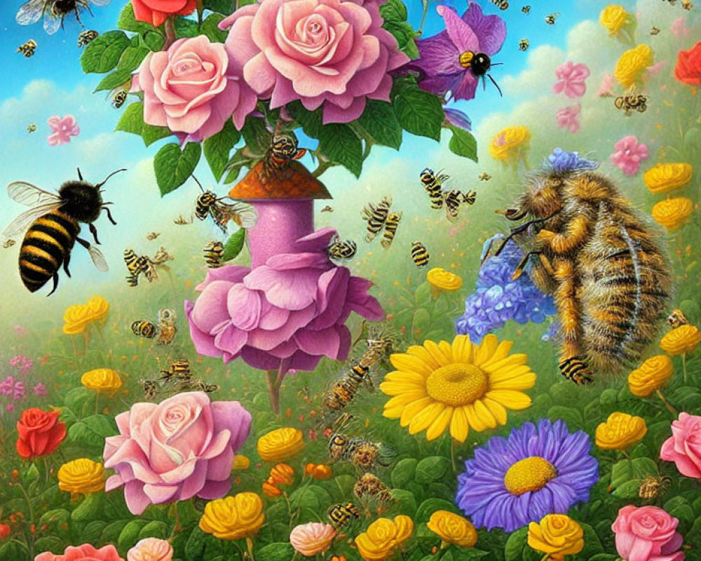 Colorful artwork of bees, butterflies, roses, daisies on a blue sky.