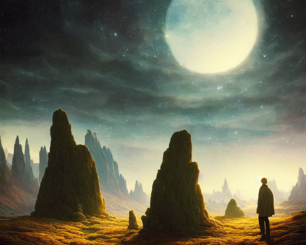 Person standing on mossy alien landscape at night with large moon and rock formations under starry sky.