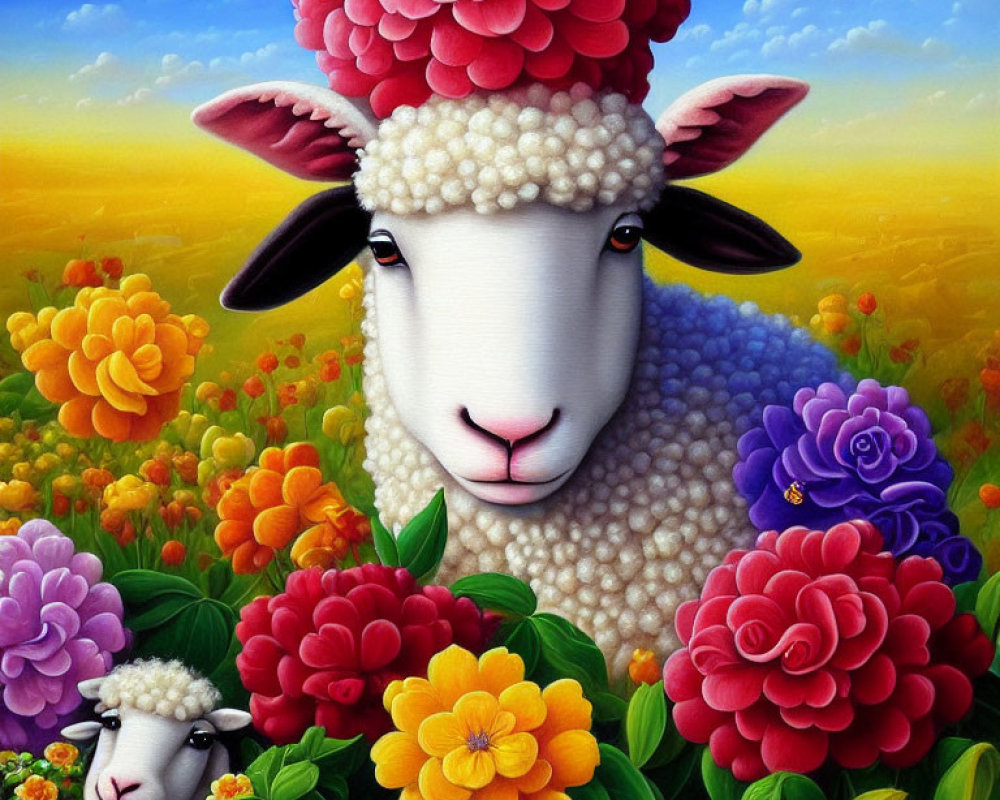 Colorful Sheep Painting with Flower-Like Wool in Floral Landscape