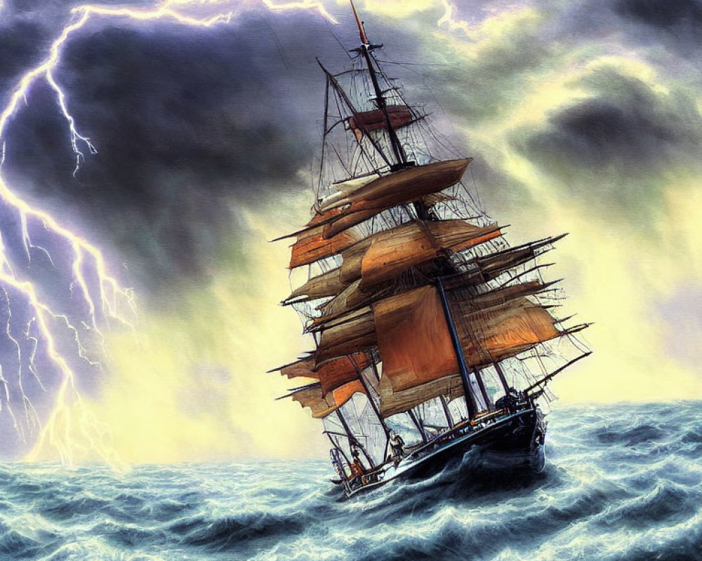 Tall ship sailing in stormy sea with lightning