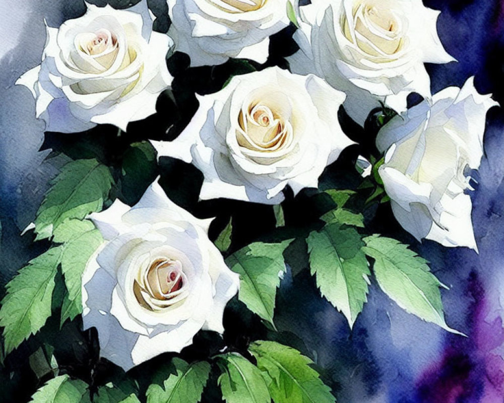 White Roses Watercolor Painting on Dark Background