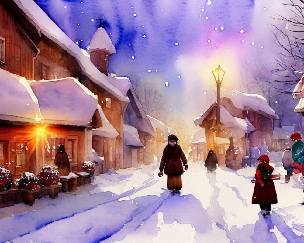 Snow-covered village scene with people in winter clothes walking at dusk