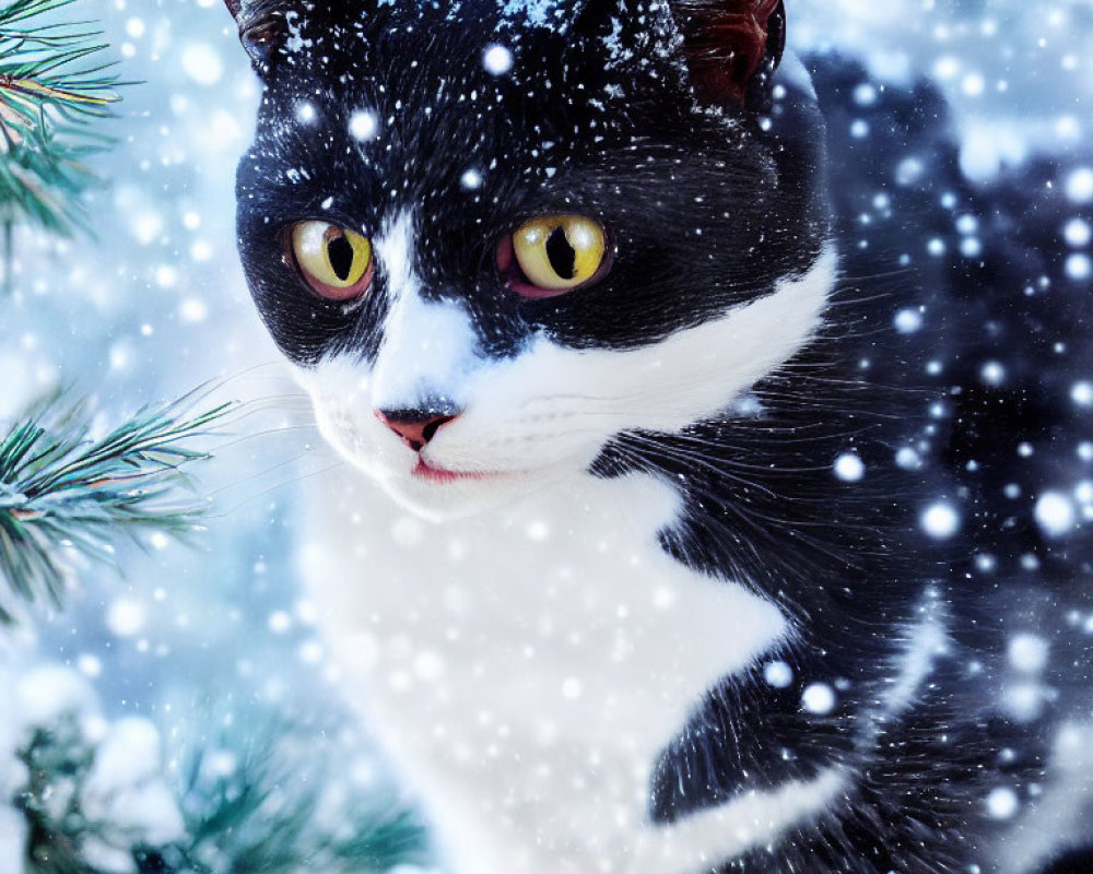 Black and White Cat with Yellow Eyes in Snowy Scene