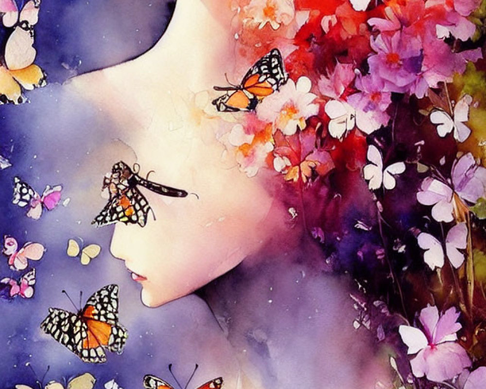 Profile Portrait of Woman with Floral Hair and Butterflies in Watercolor