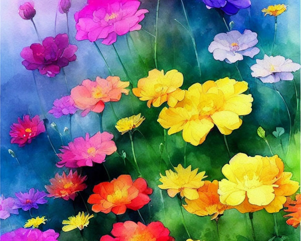 Colorful Watercolor Painting of Multicolored Flowers on Blue and Green Background