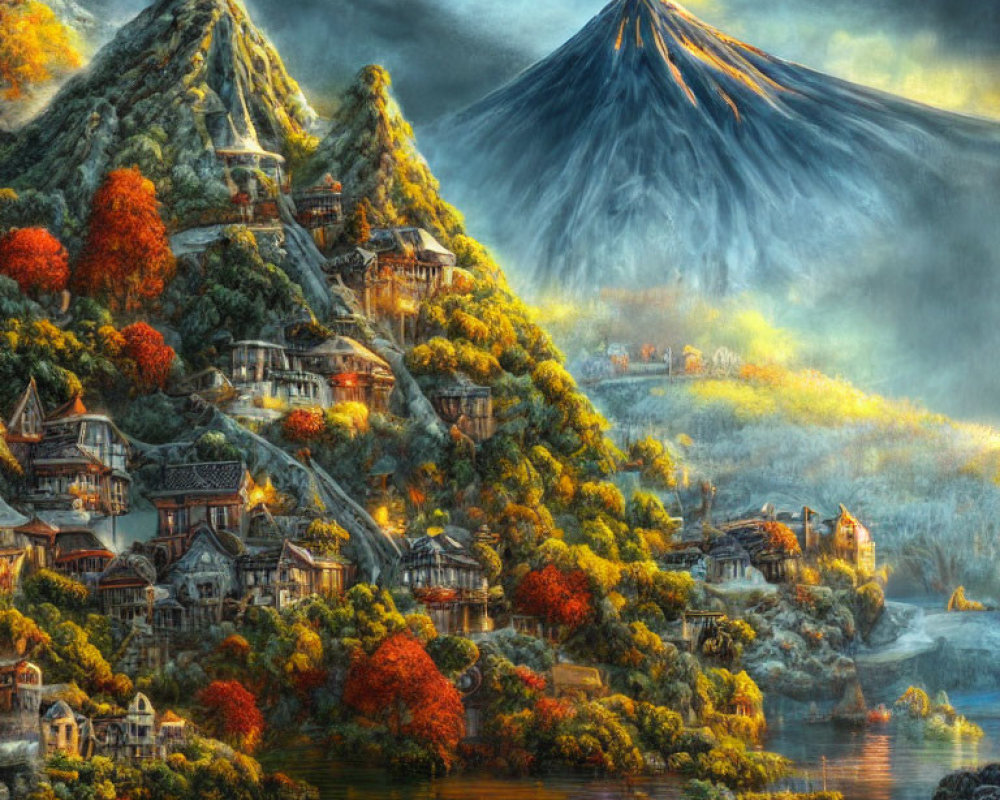 Fantastical village in autumnal mountain landscape with serene volcano