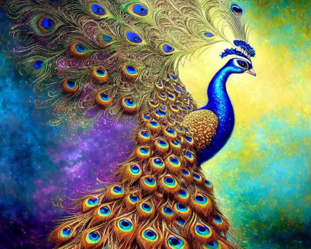 Colorful Peacock Displaying Iridescent Feathers on Cosmic Background